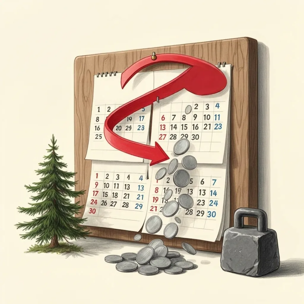 Comic: Person zeigt auf Kalender mit gestempelten und leeren Jahren — symbolisiert nachträgliche Einkäufe in die Säule 3a